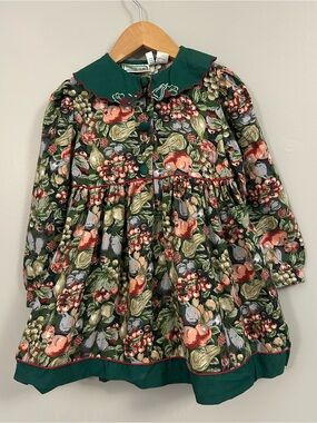 Vintage Green Dress with Red Trim and Floral Print Kid Size 3